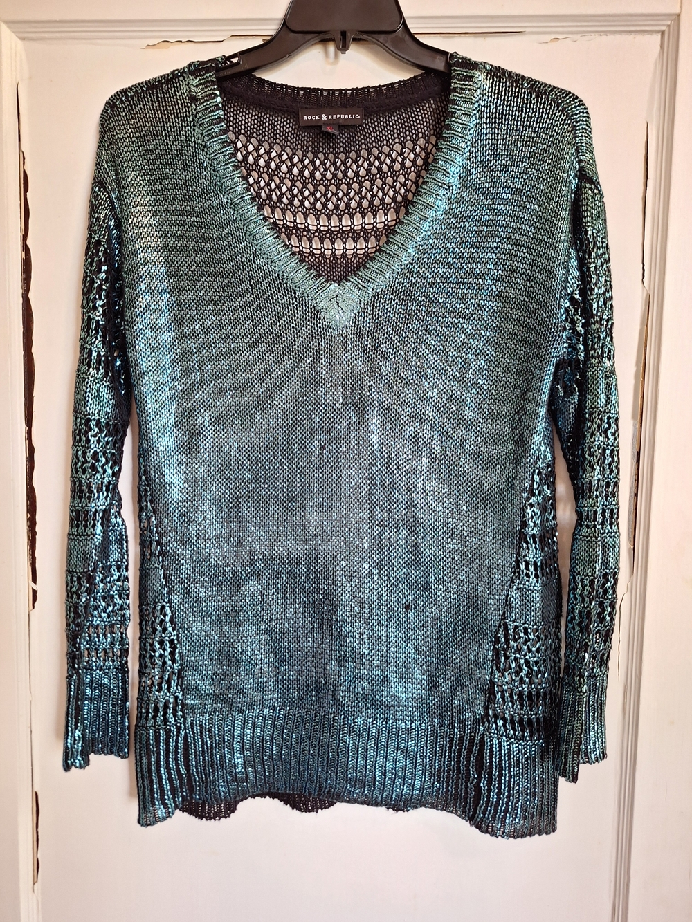 VTG Rock & Republic Teal V‑Neck Open Knit Metallic Sweater